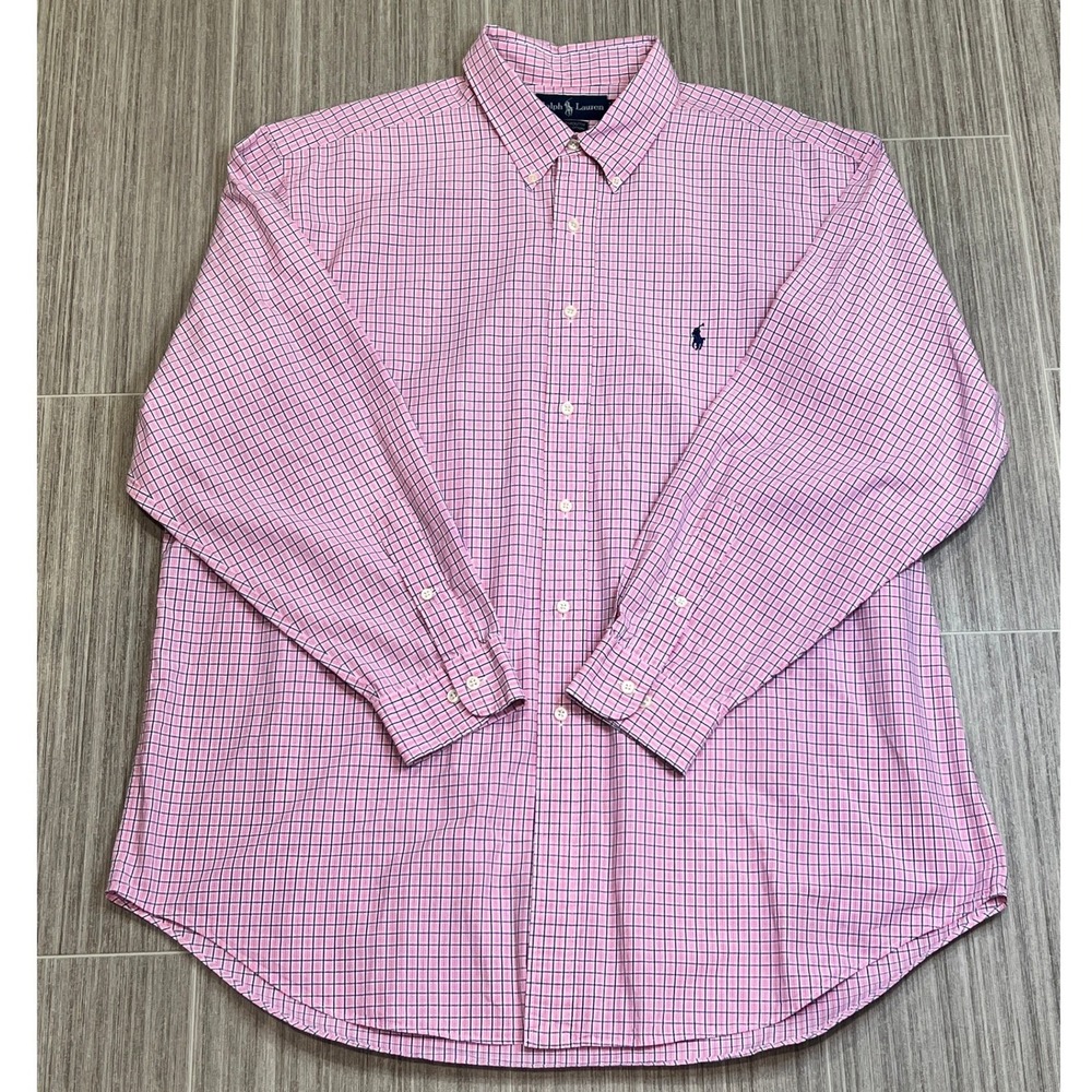 Ralph Lauren Yarmouth Mens Pink Checkered‎ Long Sleeve Button Down Shirt 17 1/2